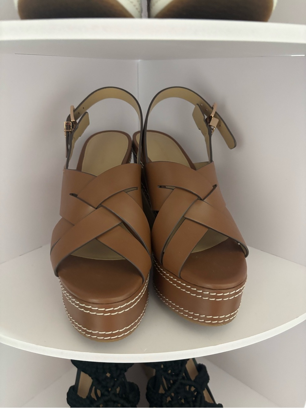 New Nora Michael Kors Brown Leather Wedge Sandals. - Picture 3 of 5